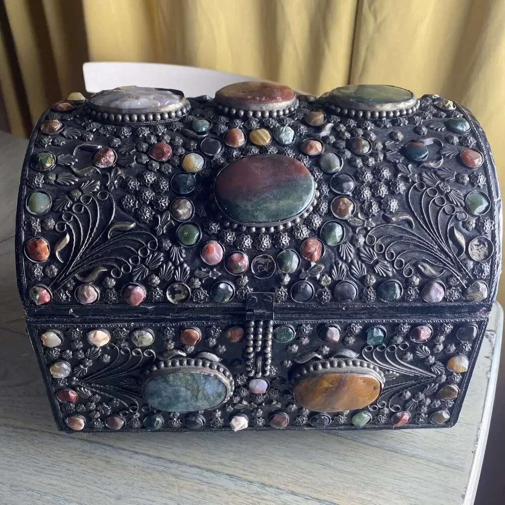 Vintage Moroccan Indian Wedding Jewelry Chest Box Dome Top Mixed Stones